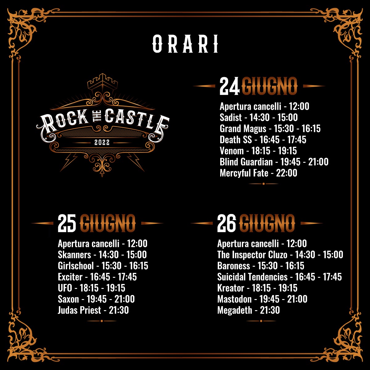 ROCK THE CASTLE 2022: gli orari delle esibizioni